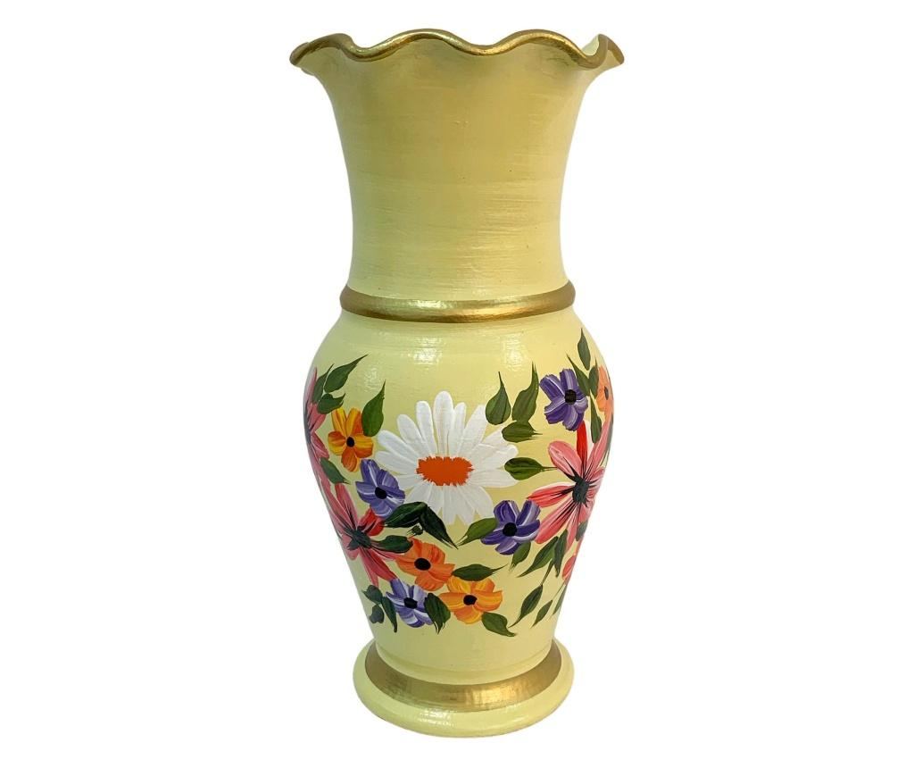 Vaza din ceramica de Arges realizata manual, Argcoms, H30, Silueta cu onduleuri (3), 2 inele, Pictura florala, Galben