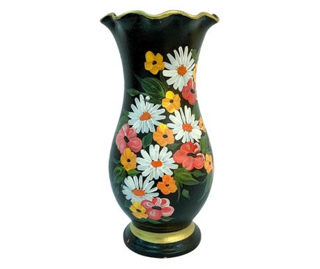 Vaza din ceramica de Arges realizata manual, Argcoms, H30, Silueta cu onduleuri (2), 1 inel, Pictura florala, Negru