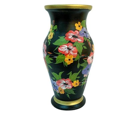 Vaza din ceramica de Arges realizata manual, Argcoms, H30, Silueta clasica (1), 2 inele, Pictura florala, Negru