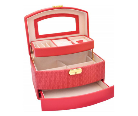 Елегантна дамска кутия Pufo Elegance за съхранение и организация на бижута и аксесоари, многостепенен модел, червен