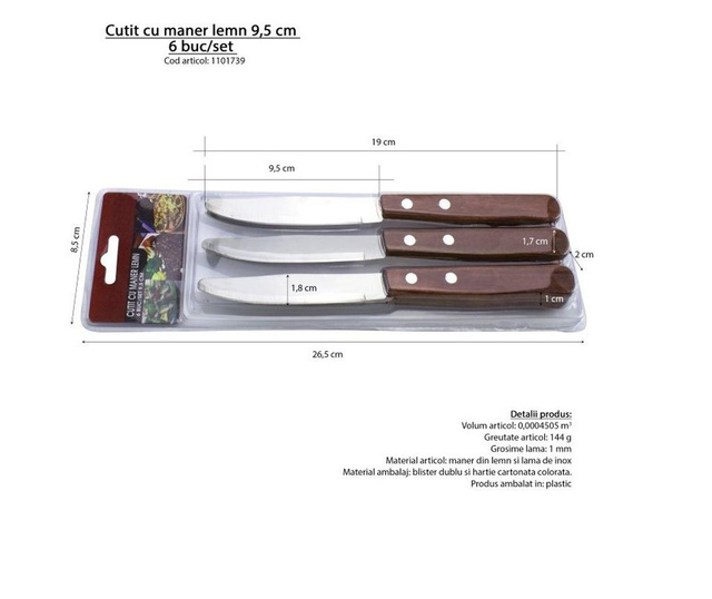 Fa nyelű kés, 9.5 cm, 6 db/szett, AZHOME