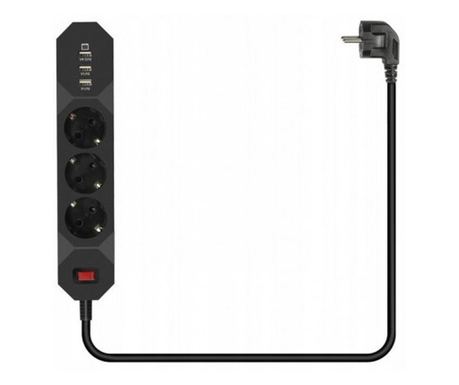 Prelungitor cu priza multipla, 3 posturi, 3 porturi USB, Gonga® Negru