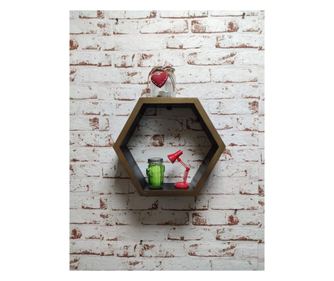 Raft de perete din lemn, in forma hexagonala, tip fagure, cu prindere ascunsa, Carnival, negru/auriu, 27.5 x 24 x 9.5 cm