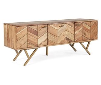 Raida 3-ajtós barna fa és arany vaslábas tálalószekrény 130 cm x 40 cm x 51 cm