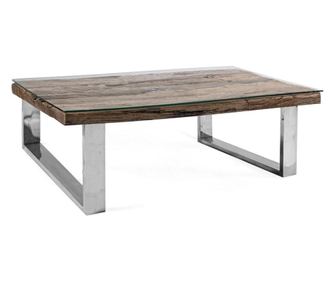 Dohányzóasztal rozsdamentes acél lábakkal, barna fa és üveg lappal Stanton 100 cm x 100 cm x 40 cm magas