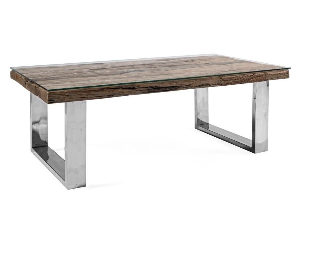 Dohányzóasztal ezüstszínű acél lábakkal és barna fa üveglappal Stanton 110 cm x 60 cm x 40 cm magas