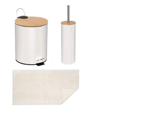 Set 3 accesorii pentru baie, model LUX WHITE - cos de gunoi, perie WC si covoras