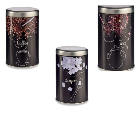 Set 3 Cutii Depozitare Din Metal Culoare Neagra Cu Model Imprimat Pentru Ceai ,Zahar Si Cafea