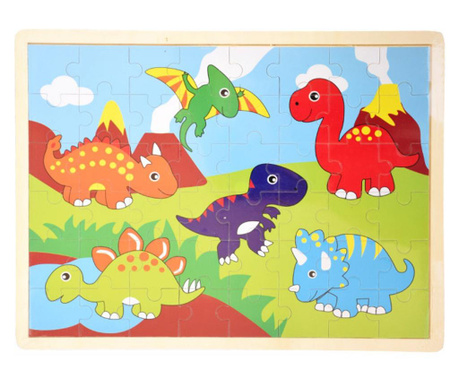 Puzzle din lemn Pufo pentru copii, model Happy Dino, 24 piese, 40 x 30 cm
