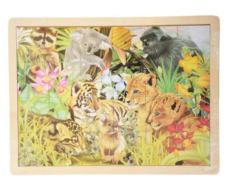 Puzzle din lemn Pufo pentru copii, model Jungle junior, 24 piese, 40 x 30 cm