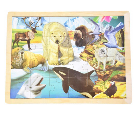 Puzzle din lemn Pufo pentru copii, model Antarctica, 24 piese, 40 x 30 cm