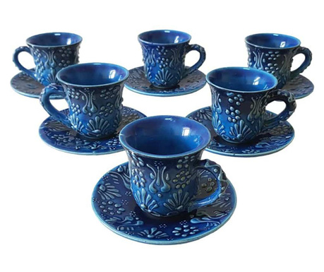 Set cafea turceasca ceramica, pictat manual, 12 piese, turcuaz cu flori, EHA