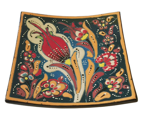 Farfurie ceramica handmade stil turcesc, 13x13 cm, Multicolor cu flori, EHA