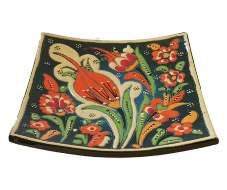 Farfurie ceramica handmade stil turcesc, 13x13 cm, Multicolor verde cu flori, EHA