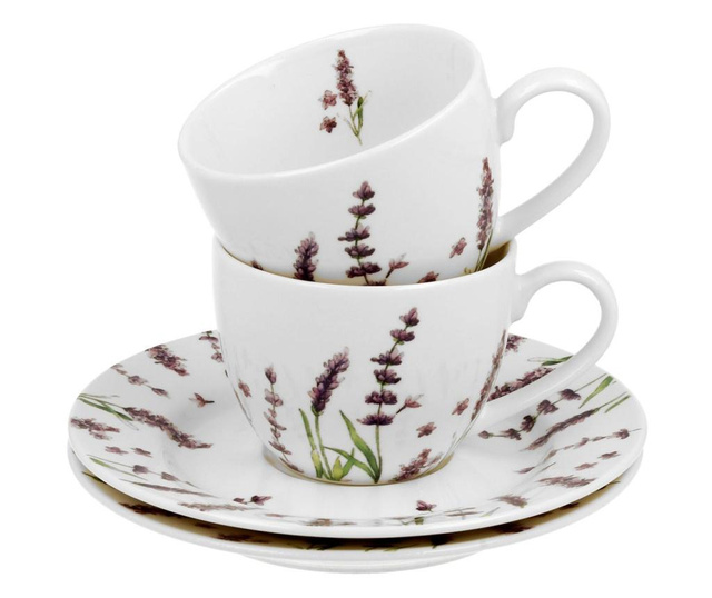 Set 2 cesti si 2 farfurioare pentru cafea Duo, DUO Classic, portelan, multicolor