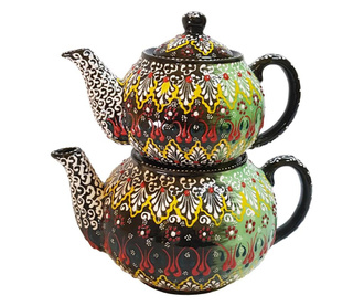 Set 2 ceainice turcesti ceramic EHA, pictat manual in relief, culoare fistic/negru cu flori, 1300 l si 0,600 l, hand-made