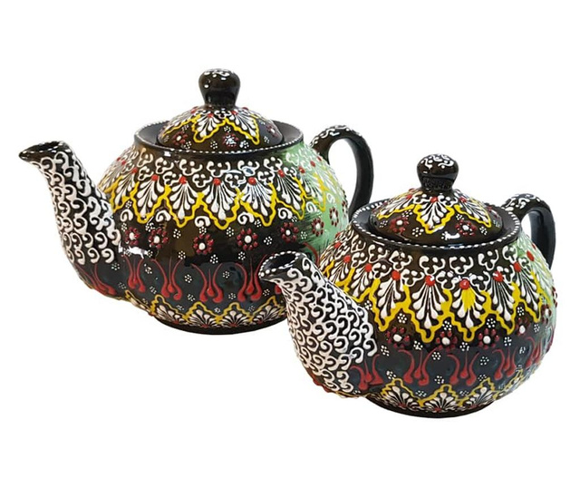 Set 2 ceainice turcesti ceramic EHA, pictat manual in relief, culoare fistic/negru cu flori, 1300 l si 0,600 l, hand-made