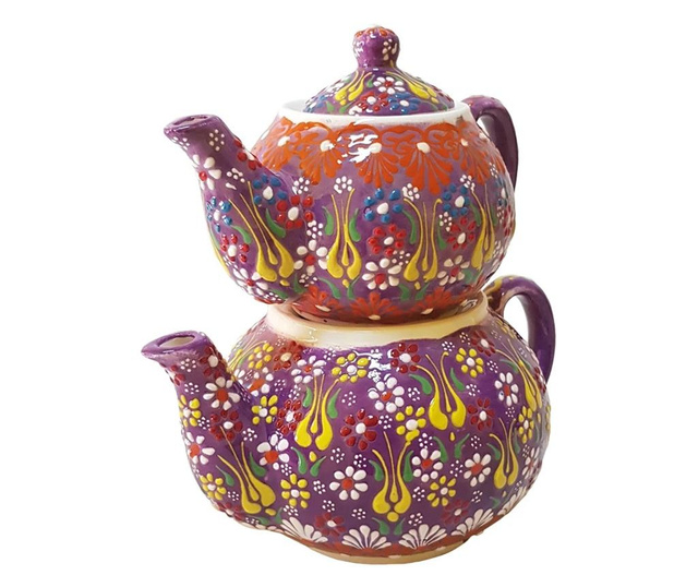 Set 2 ceainice turcesti ceramic EHA, pictat manual in relief, culoare mov cu flori, 1300 l si 0,600 l, hand-made