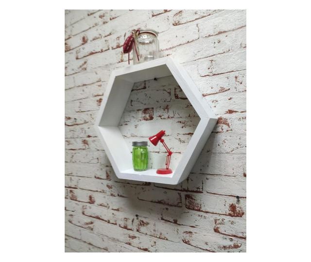 Raft de perete din lemn, in forma hexagonala, tip fagure, cu prindere ascunsa, Carnival, alb, 37.5 x 32.5 x 9.5 cm Got Wood, 37.