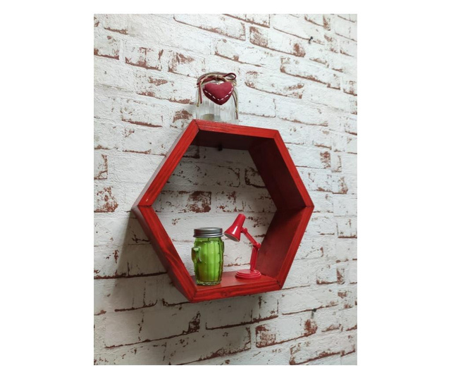 Raft de perete din lemn, in forma hexagonala, tip fagure, cu prindere ascunsa, Carnival, rosu, 32.5 x 28 x 9.5 cm