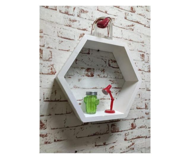 Raft de perete din lemn, in forma hexagonala, tip fagure, cu prindere ascunsa, Carnival, alb, 37.5 x 32.5 x 9.5 cm Got Wood, 37.