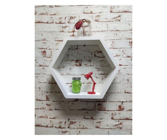 Raft de perete din lemn, in forma hexagonala, tip fagure, cu prindere ascunsa, Carnival, alb, 37.5 x 32.5 x 9.5 cm Got Wood, 37.
