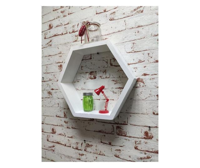 Raft de perete din lemn, in forma hexagonala, tip fagure, cu prindere ascunsa, Carnival, alb, 37.5 x 32.5 x 9.5 cm Got Wood, 37.