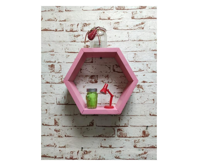 Raft de perete din lemn, in forma hexagonala, tip fagure, cu prindere ascunsa, Carnival, roz, 37.5 x 32.5 x 9.5 cm