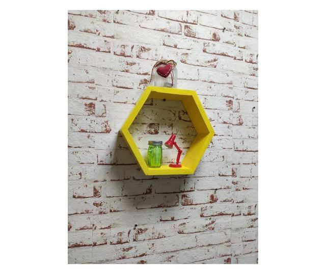 Raft de perete din lemn, in forma hexagonala, tip fagure, cu prindere ascunsa, Carnival, galben, 37.5 x 32.5 x 9.5 cm