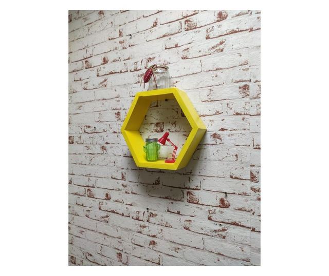 Raft de perete din lemn, in forma hexagonala, tip fagure, cu prindere ascunsa, Carnival, galben, 37.5 x 32.5 x 9.5 cm