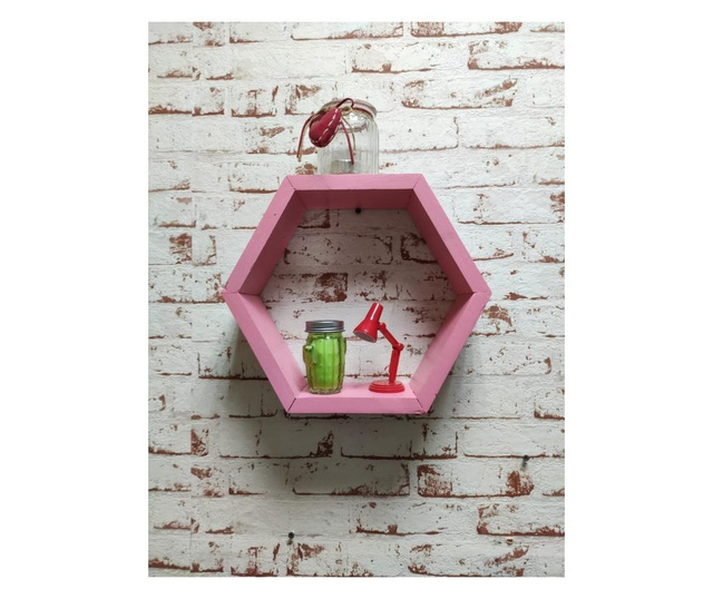 Raft de perete din lemn, in forma hexagonala, tip fagure, cu prindere ascunsa, Carnival, roz, 37.5 x 32.5 x 9.5 cm