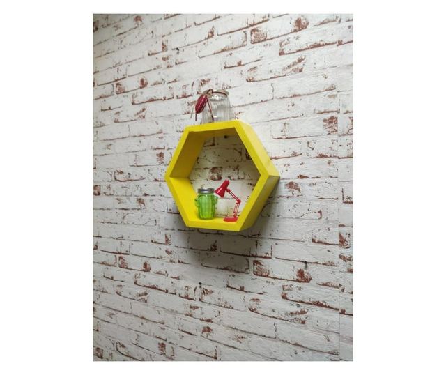 Raft de perete din lemn, in forma hexagonala, tip fagure, cu prindere ascunsa, Carnival, galben, 37.5 x 32.5 x 9.5 cm