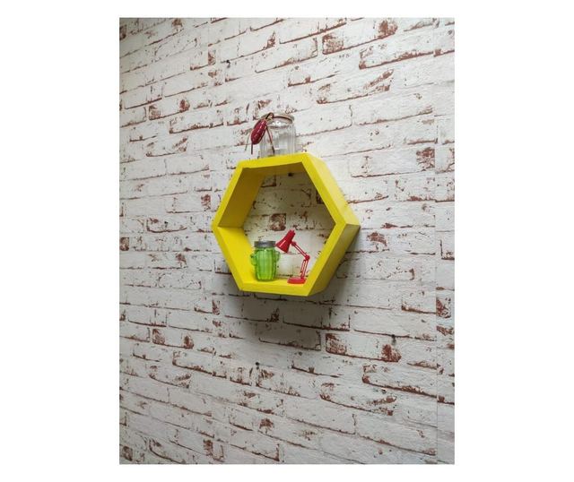 Raft de perete din lemn, in forma hexagonala, tip fagure, cu prindere ascunsa, Carnival, galben, 37.5 x 32.5 x 9.5 cm