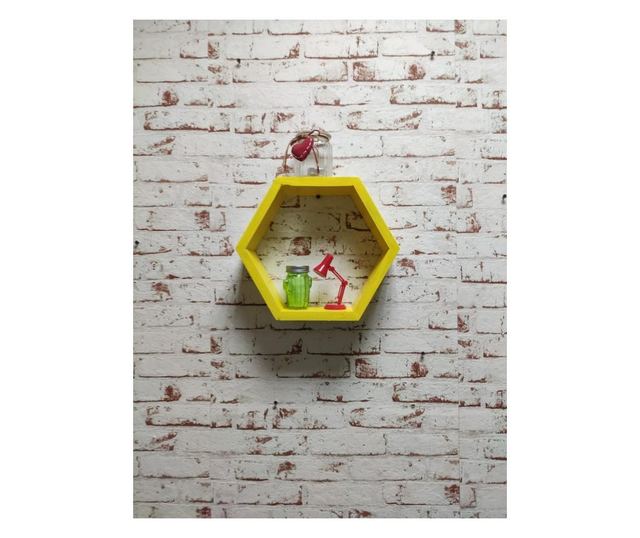 Raft de perete din lemn, in forma hexagonala, tip fagure, cu prindere ascunsa, Carnival, galben, 37.5 x 32.5 x 9.5 cm