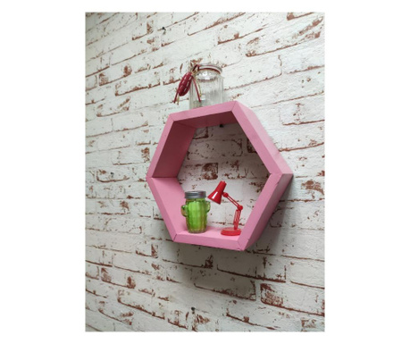 Raft de perete din lemn, in forma hexagonala, tip fagure, cu prindere ascunsa, Carnival, roz, 27.5 x 24 x 9.5 cm