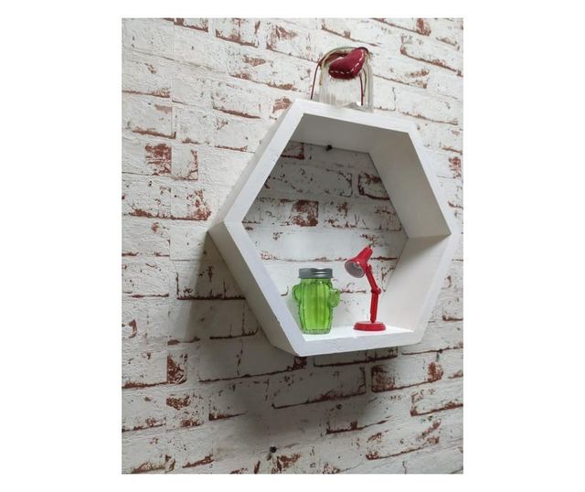 Raft de perete din lemn, in forma hexagonala, tip fagure, cu prindere ascunsa, Carnival, alb, 37.5 x 32.5 x 9.5 cm Got Wood, 37.