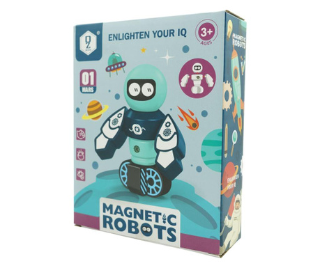 Set inteligent de blocuri magnetice pentru copii, 7 piese, cutie depozitare, robotel, albastru