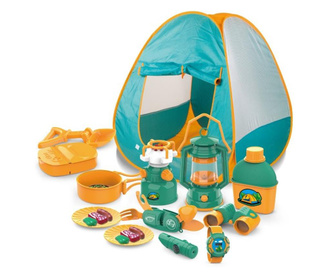 Set camping exterior/interior pentru copii, 7 accesorii cu tematica si cort, multicolor
