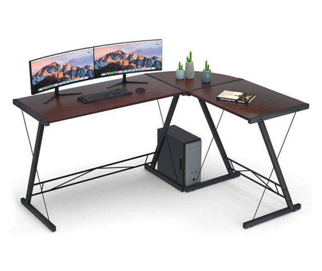 L alakú irodai asztal, sötétbarna