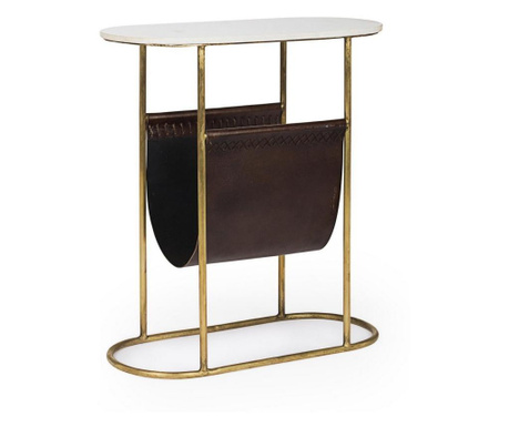 Zlata železna klubska mizica, marmorna plošča in držalo za revije, rjavo naravno usnje Marmor 53 cm x 23 cm x 59 h