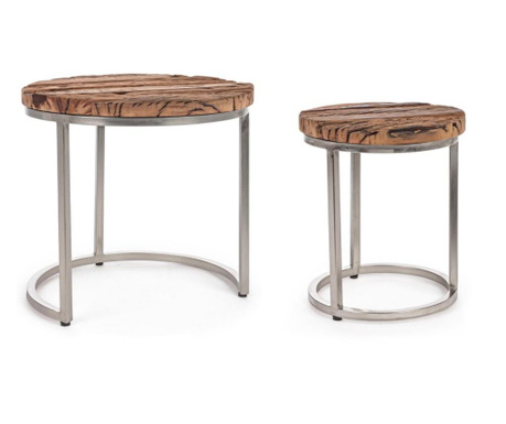 Set od 2 stolića za kavu s okvirom od srebrnog nikla i smeđom drvenom pločom Rafter Ø 36 cm x 43 h Ø 52 cm x 51 h