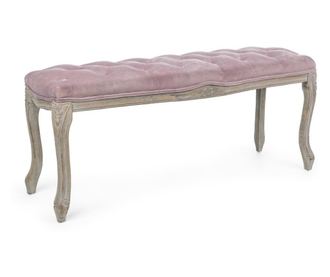 Bancuta cu picioare din lemn maro patinat si sezut din catifea roz Mathilde 110 cm x 36 cm x 47 h
