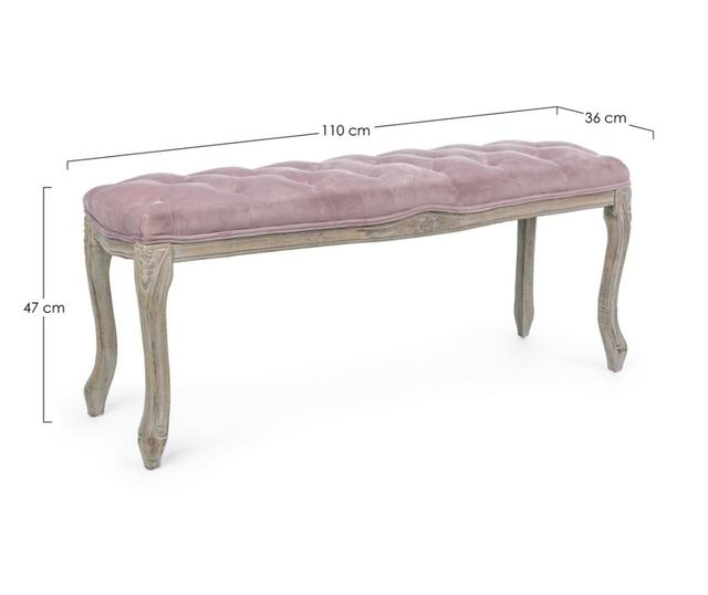 Bancuta cu picioare din lemn maro patinat si sezut din catifea roz Mathilde 110 cm x 36 cm x 47 h