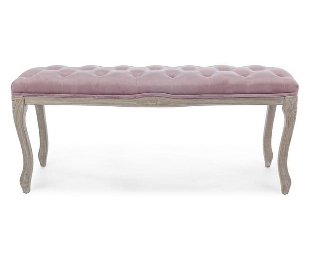 Bancuta cu picioare din lemn maro patinat si sezut din catifea roz Mathilde 110 cm x 36 cm x 47 h