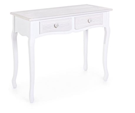 Konsola Charlene z białego patynowanego drewna z 2 szufladami 90 cm x 40 cm x 78 h