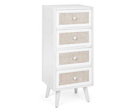 4 fiókos fehér patinás fa szekrény, krémszínű textil betéttel Montiel 38 cm x 30,5 cm x 91 h