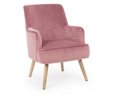 Fotel rózsaszín bársony kárpittal és természetes fa lábakkal Adeline 60 cm x 67 cm x 79 hx 42 h1 x 59 h2