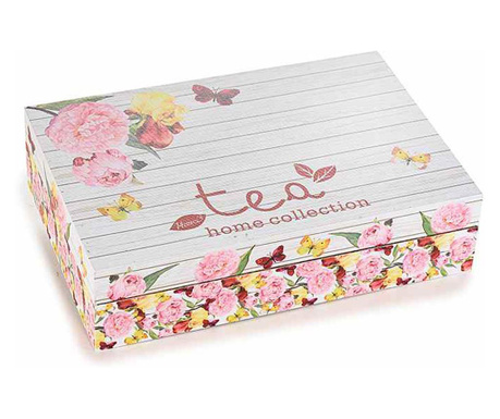 Škatla za čaj 6 lesenih predelkov Cvetlični okras 24 cm x 16,5 cm x 6 h