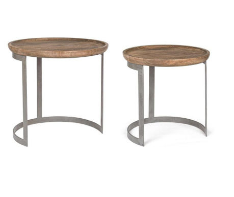 2 db szürke vas asztalból és Narvik barna mangófa lapból álló készlet Ø 53 cm x 51 h Ø 43 cm x 43 h
