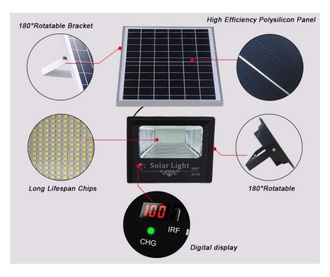 Proiector solar puternic 30W, 66 LED SMD, display LED nivel incarcare, cu panou solar si telecomanda cu functii multiple